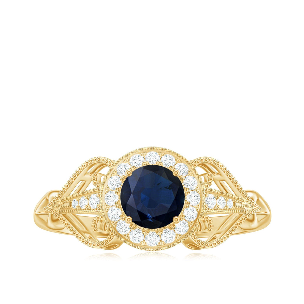 Blue Sapphire Engagement Ring Vintage Art Deco Diamond Halo Ring