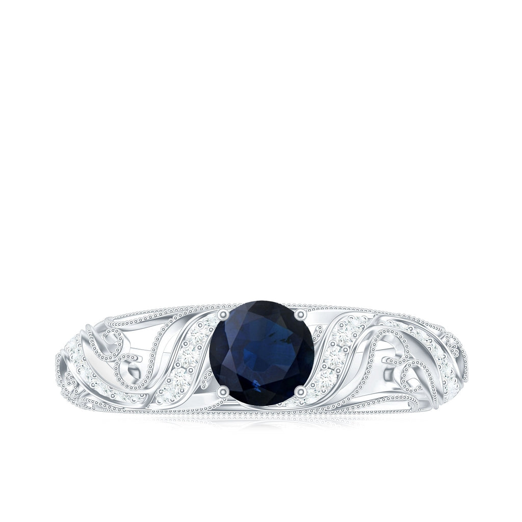 Blue Sapphire Engagement Ring, Vintage Diamond, Antique Inspired