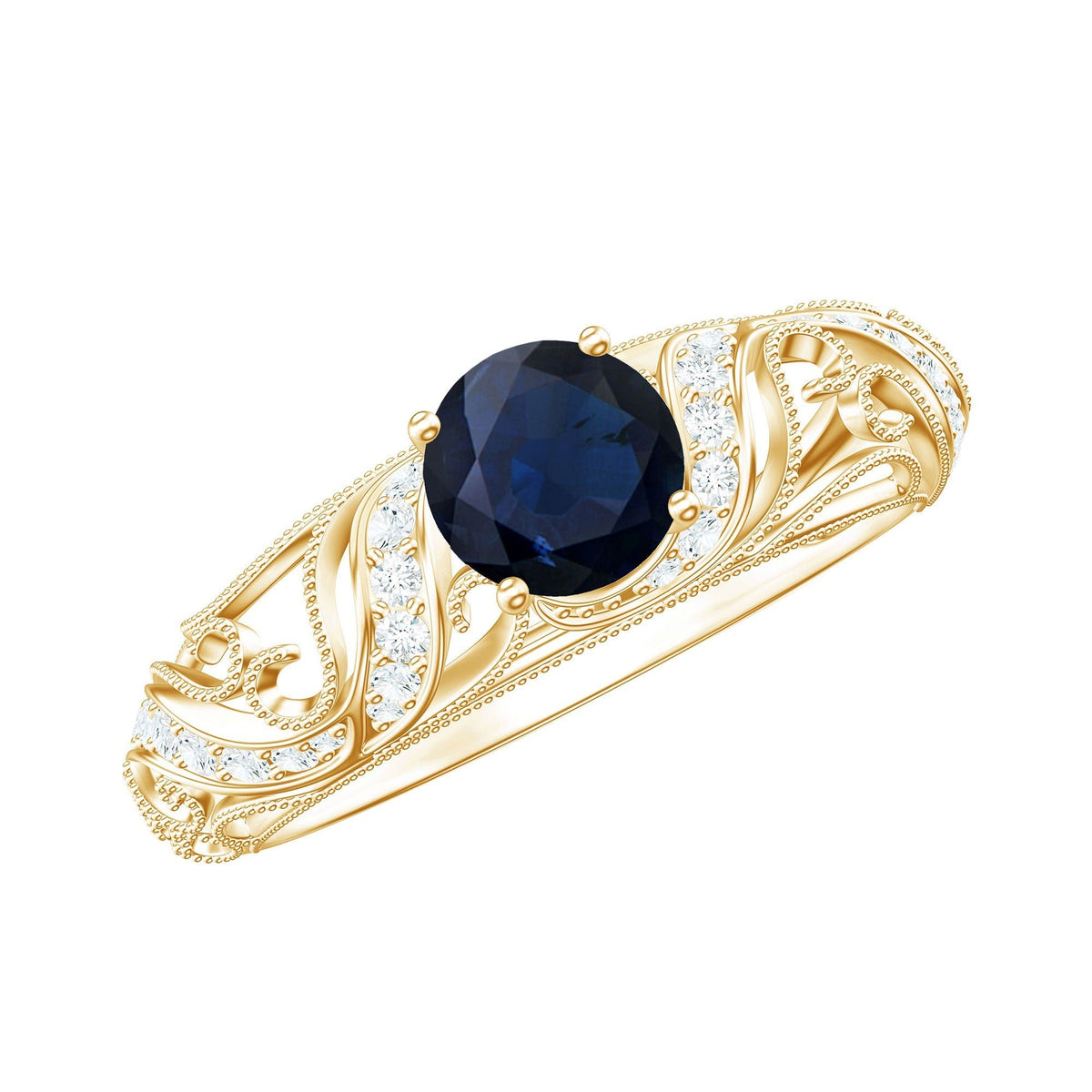 Blue Sapphire Engagement Ring, Vintage Diamond, Antique Inspired