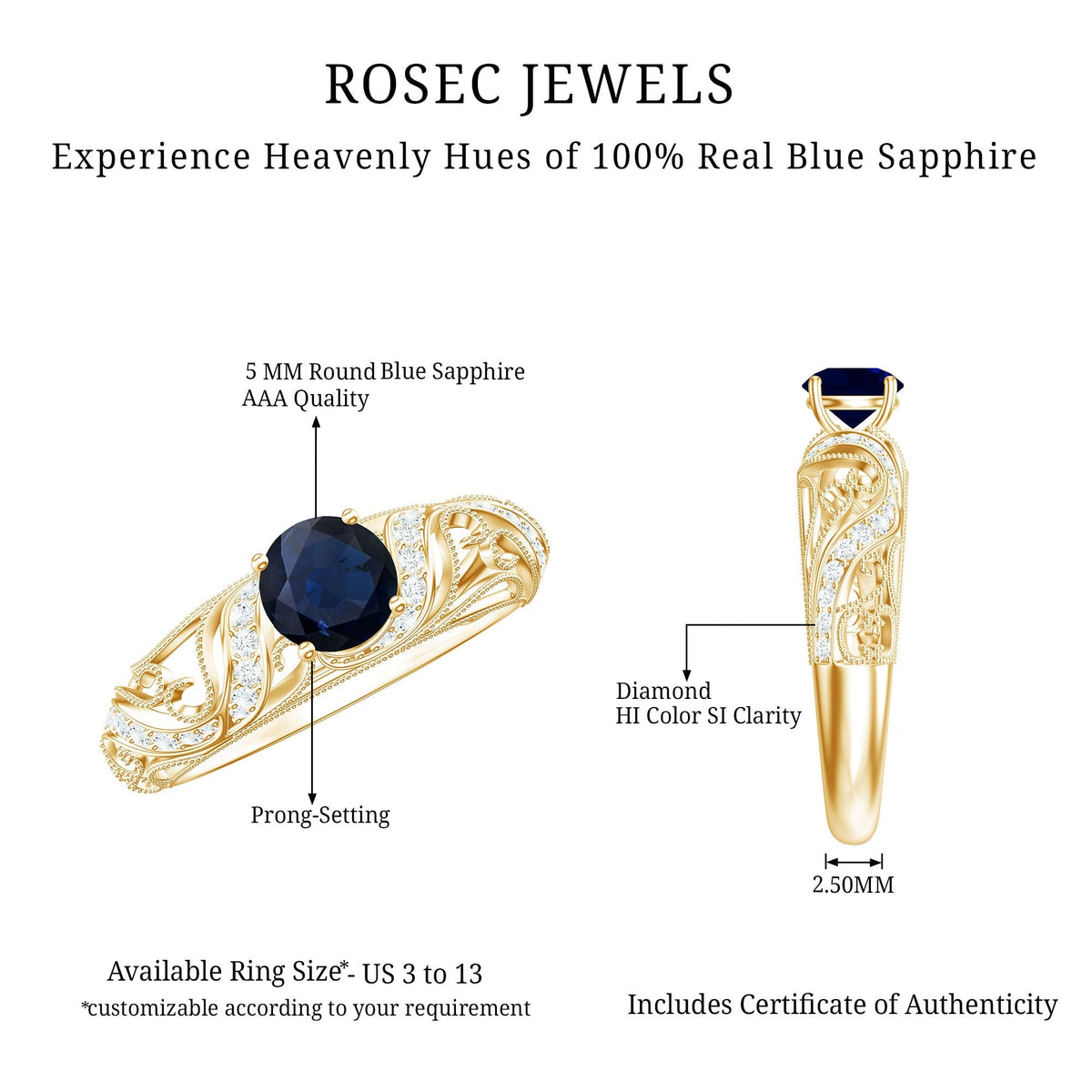 Blue Sapphire Engagement Ring, Vintage Diamond, Antique Inspired