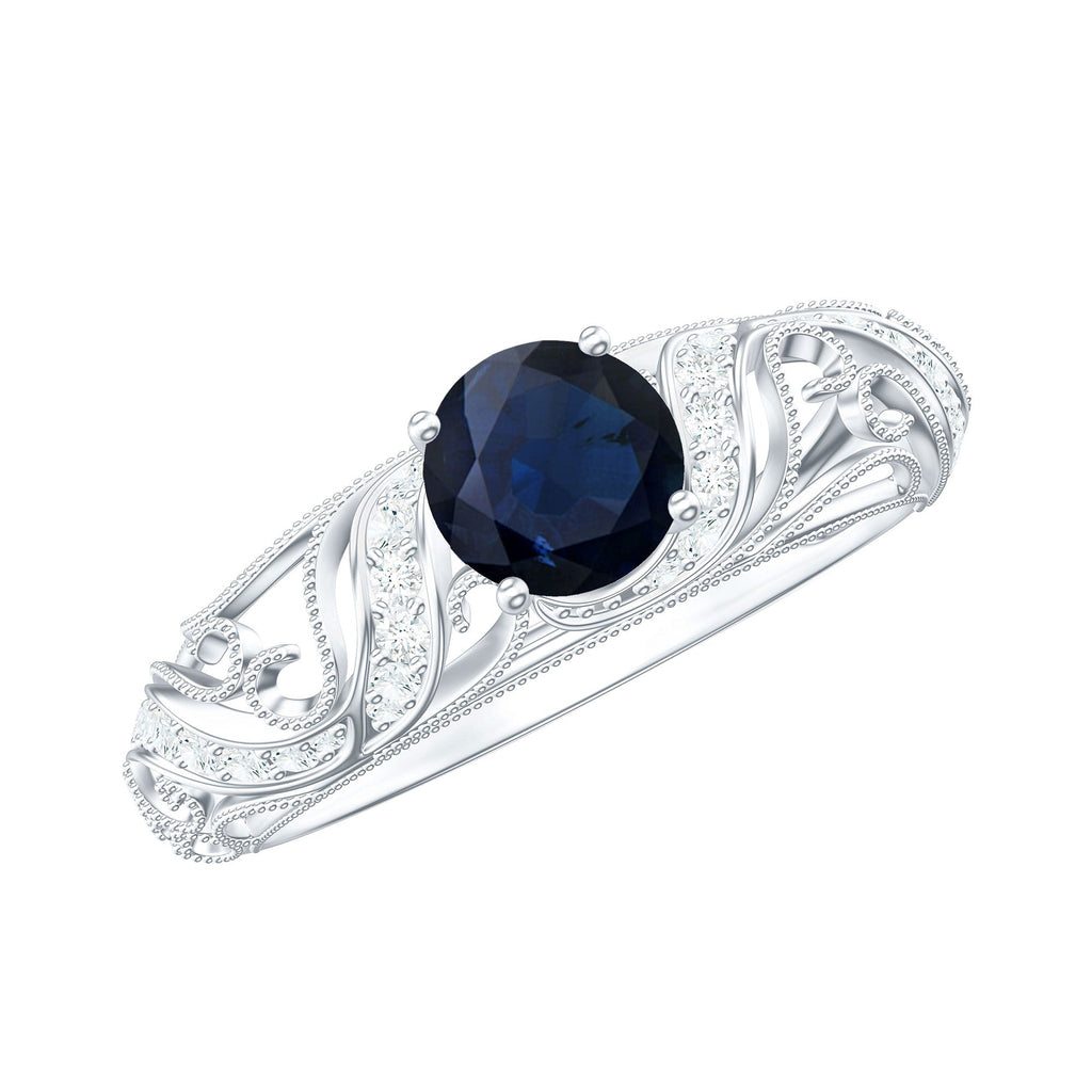 Blue Sapphire Engagement Ring, Vintage Diamond, Antique Inspired