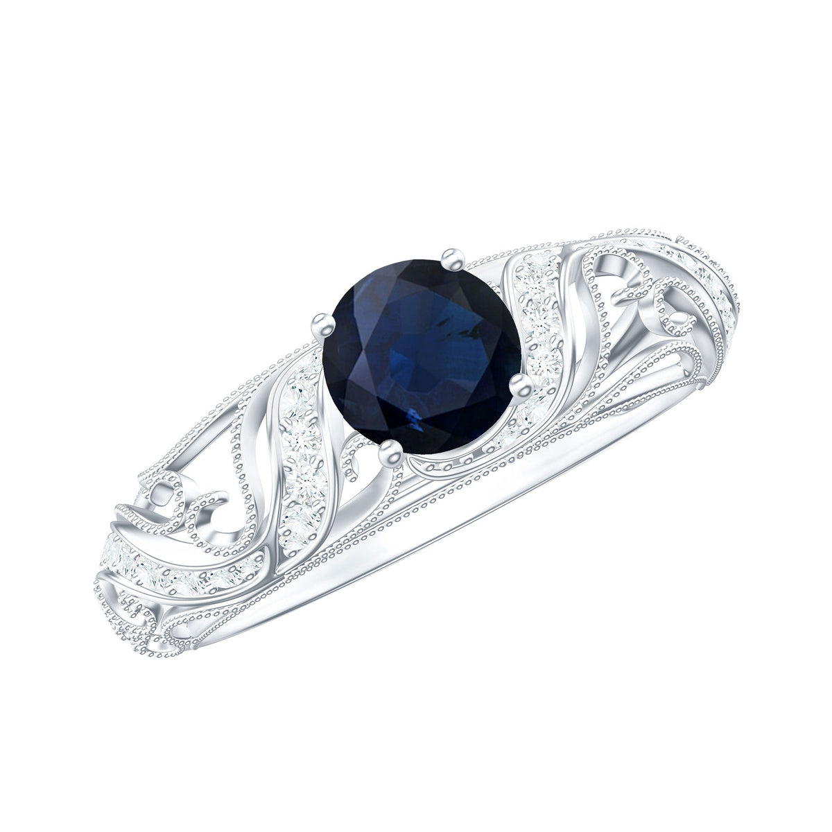 Blue Sapphire Engagement Ring, Vintage Diamond, Antique Inspired