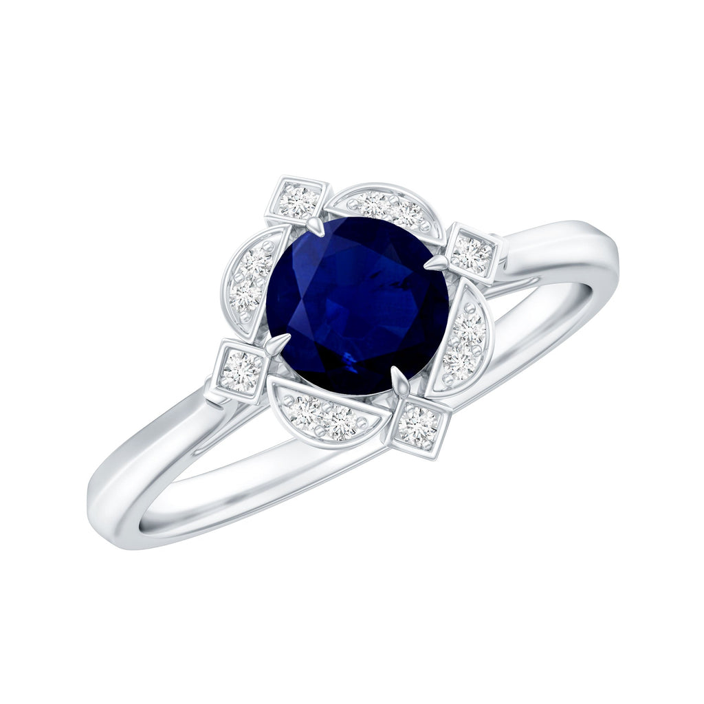 Blue Sapphire Engagement Ring, Vintage Diamond Halo Ring