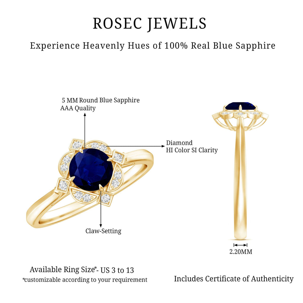 Blue Sapphire Engagement Ring, Vintage Diamond Halo Ring
