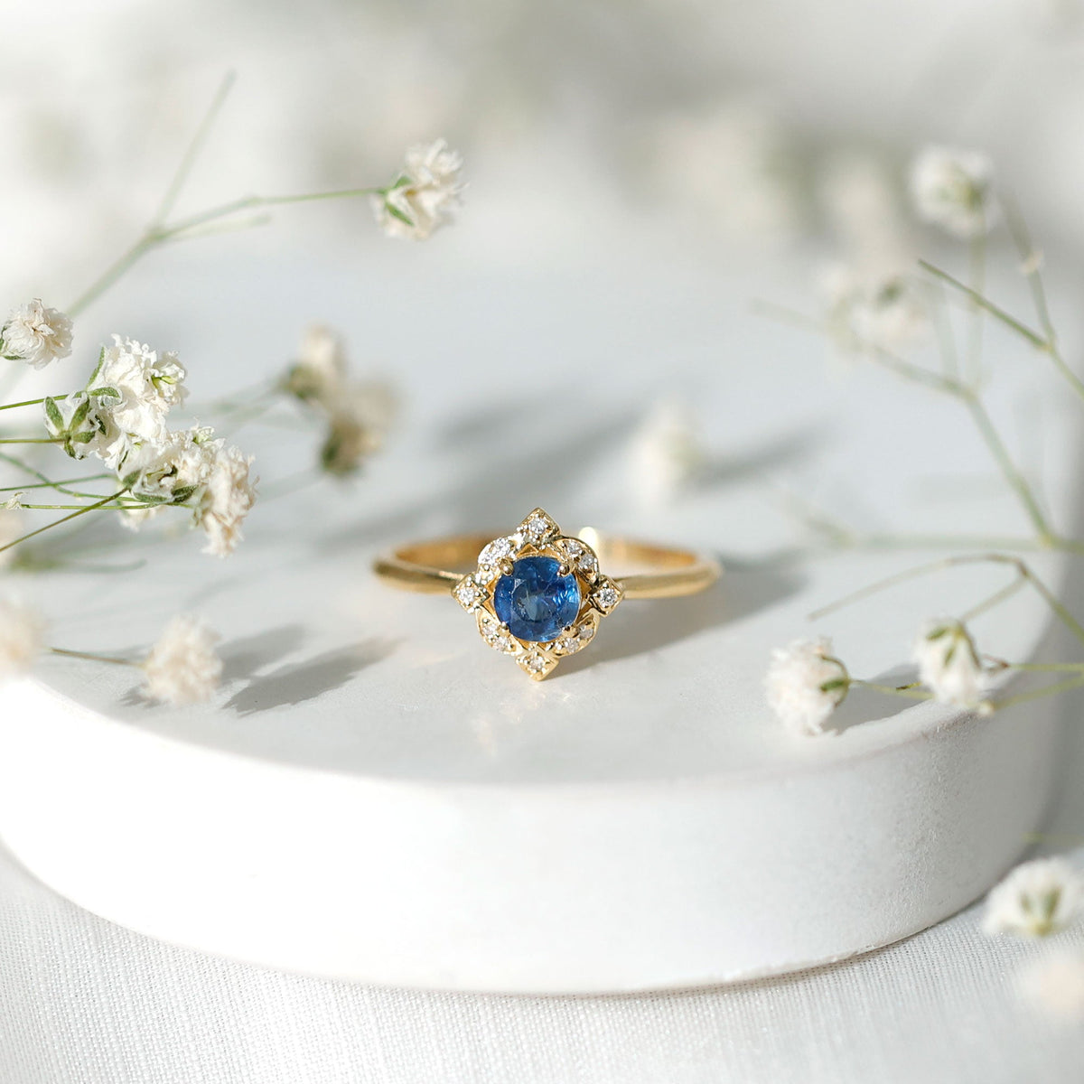 Blue Sapphire Engagement Ring, Vintage Diamond Halo Ring