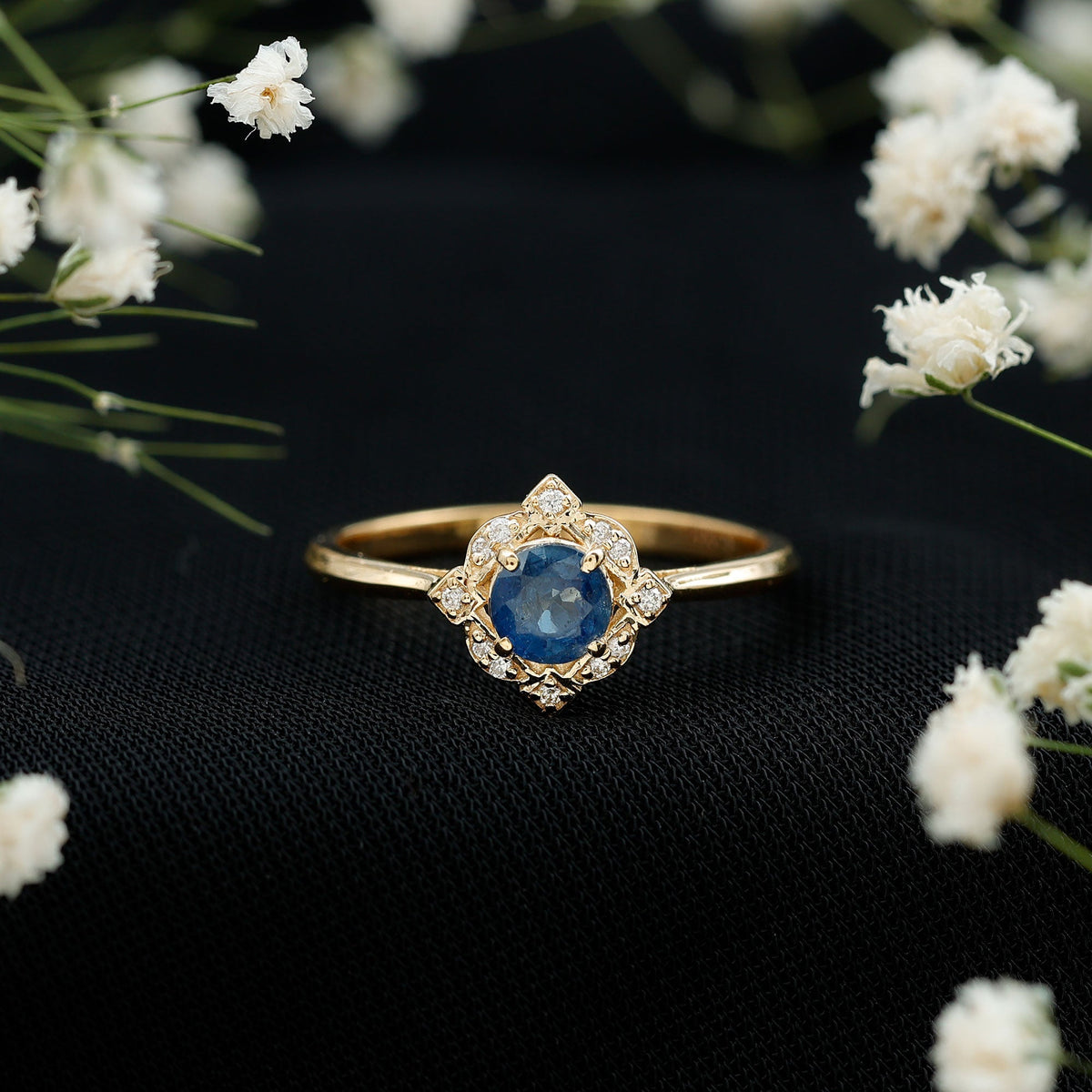 Blue Sapphire Engagement Ring, Vintage Diamond Halo Ring