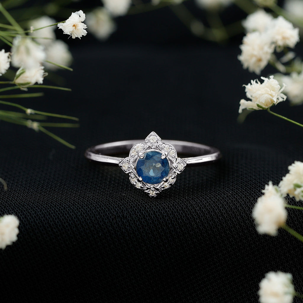 Blue Sapphire Engagement Ring, Vintage Diamond Halo Ring