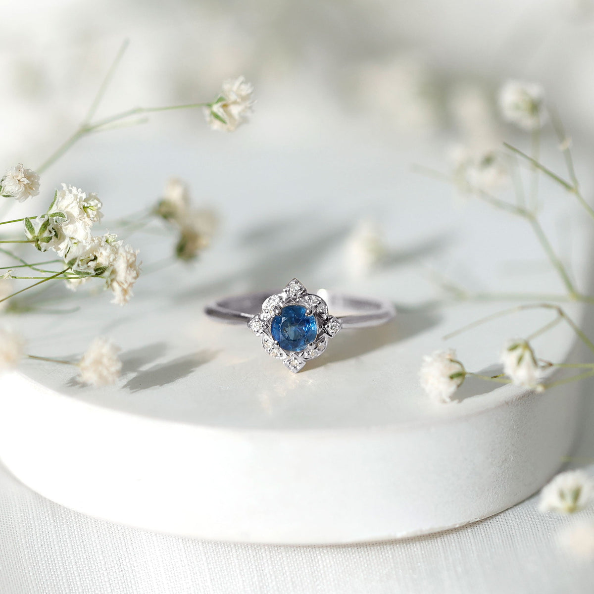 Blue Sapphire Engagement Ring, Vintage Diamond Halo Ring