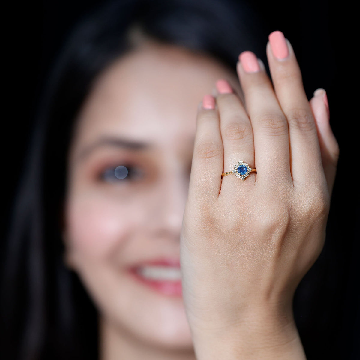 Blue Sapphire Engagement Ring, Vintage Diamond Halo Ring