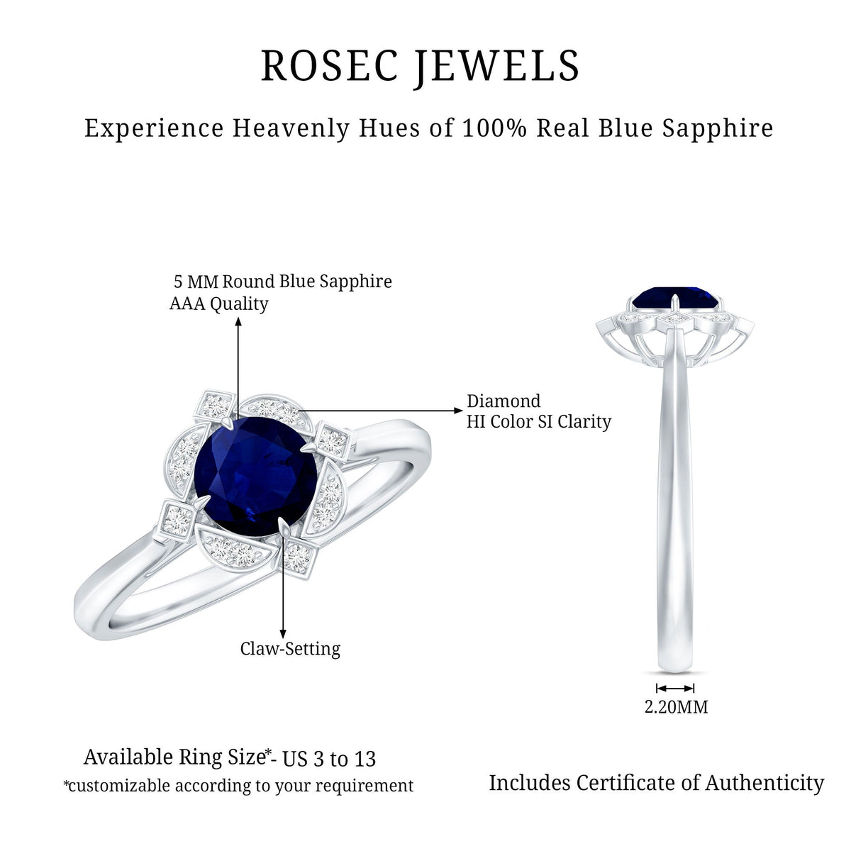 Blue Sapphire Engagement Ring, Vintage Diamond Halo Ring