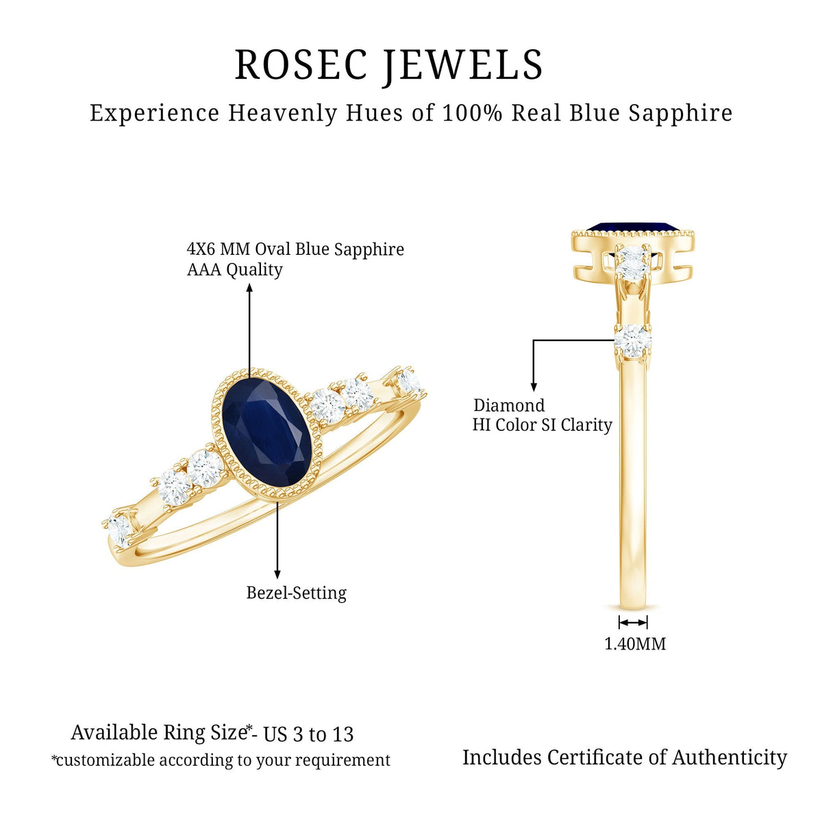 Blue Sapphire Engagement Ring, Vintage Oval Diamond Bezel Set