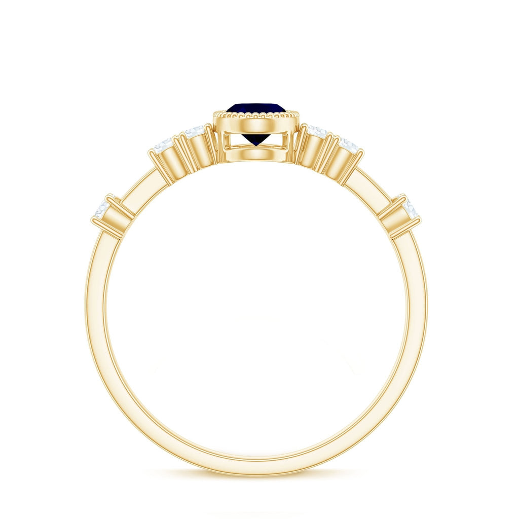 Blue Sapphire Engagement Ring, Vintage Oval Diamond Bezel Set