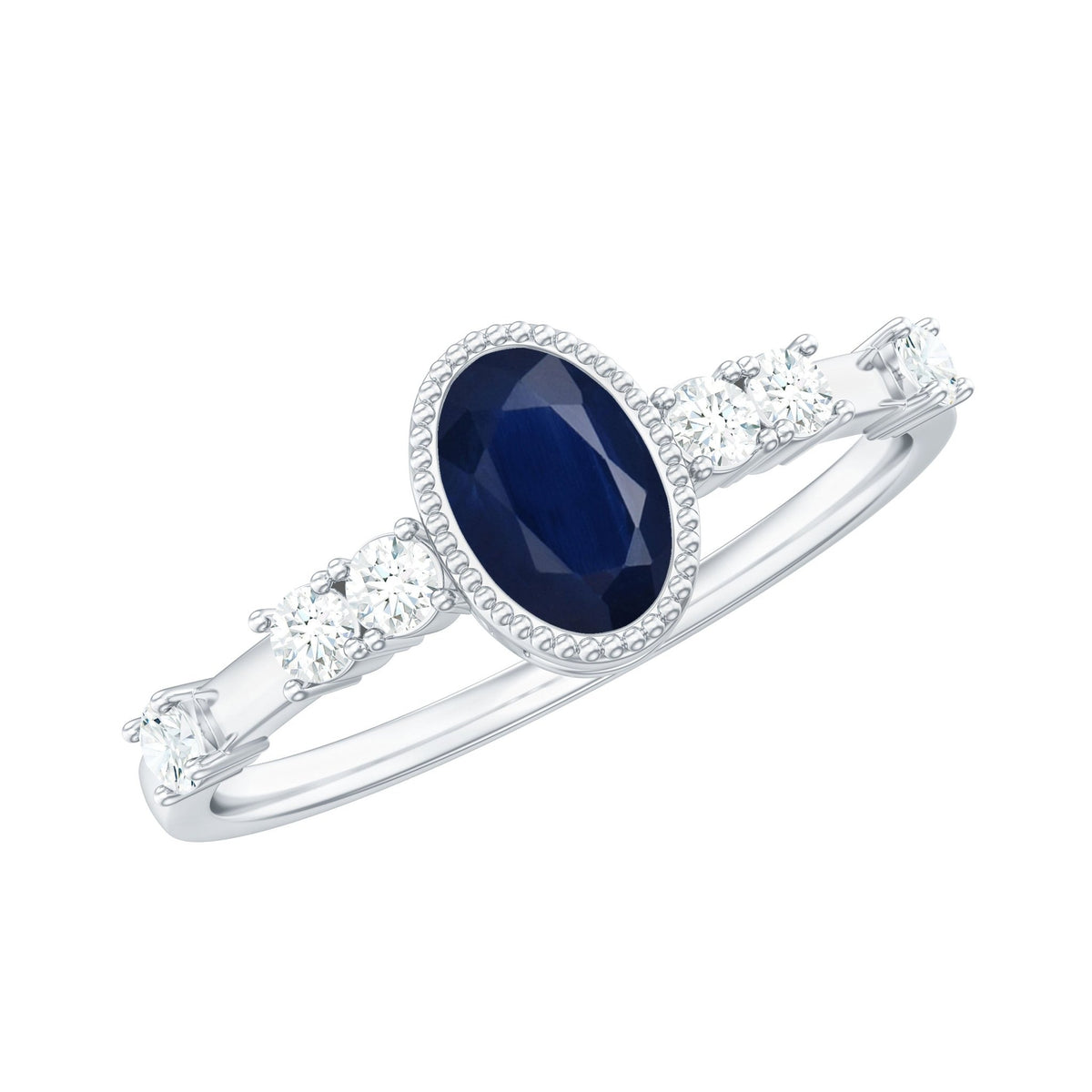 Blue Sapphire Engagement Ring, Vintage Oval Diamond Bezel Set