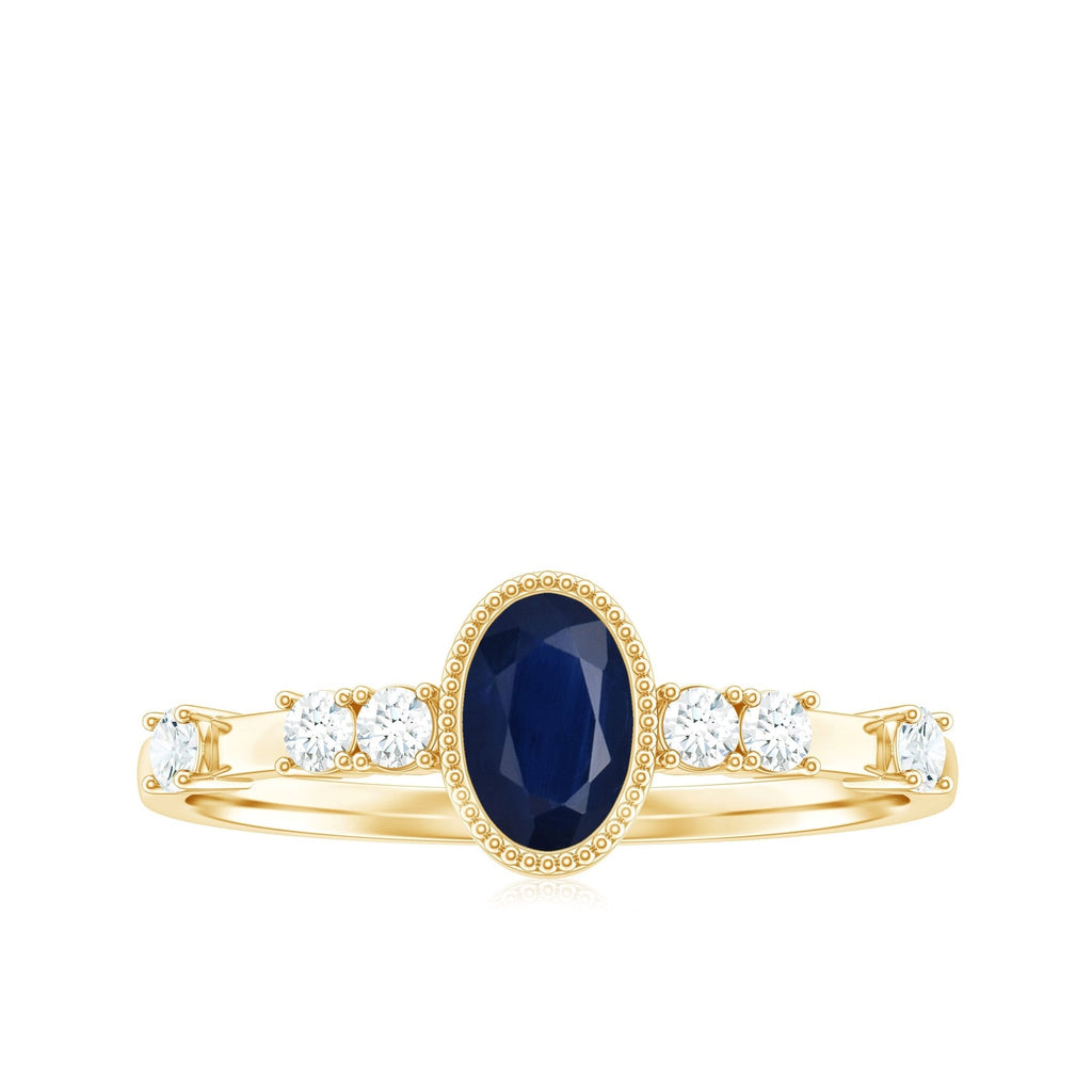 Blue Sapphire Engagement Ring, Vintage Oval Diamond Bezel Set