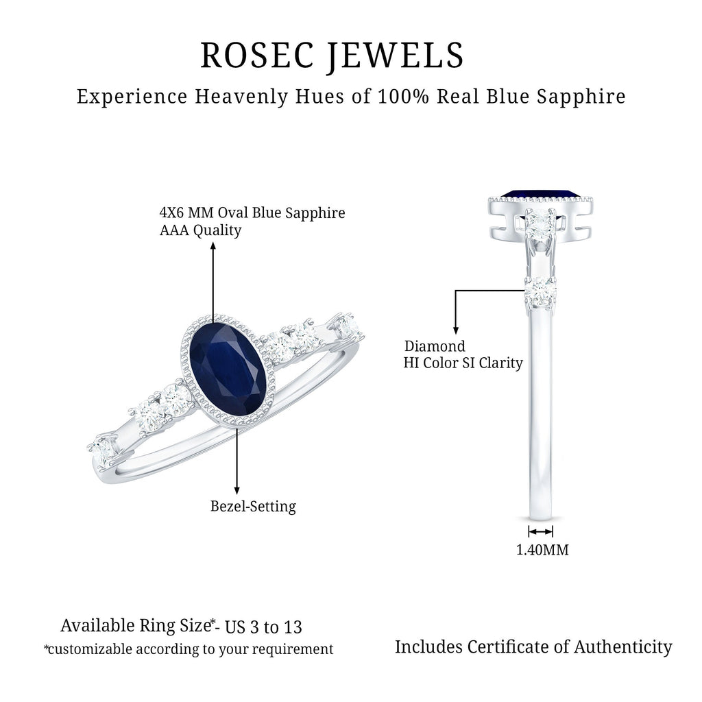 Blue Sapphire Engagement Ring, Vintage Oval Diamond Bezel Set
