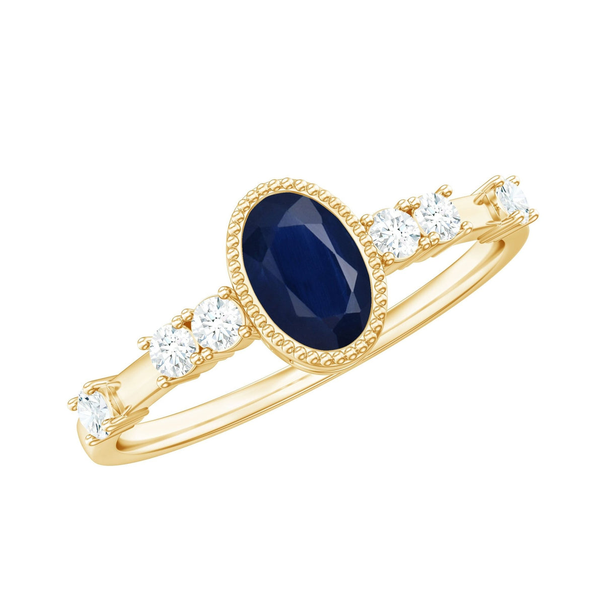 Blue Sapphire Engagement Ring, Vintage Oval Diamond Bezel Set
