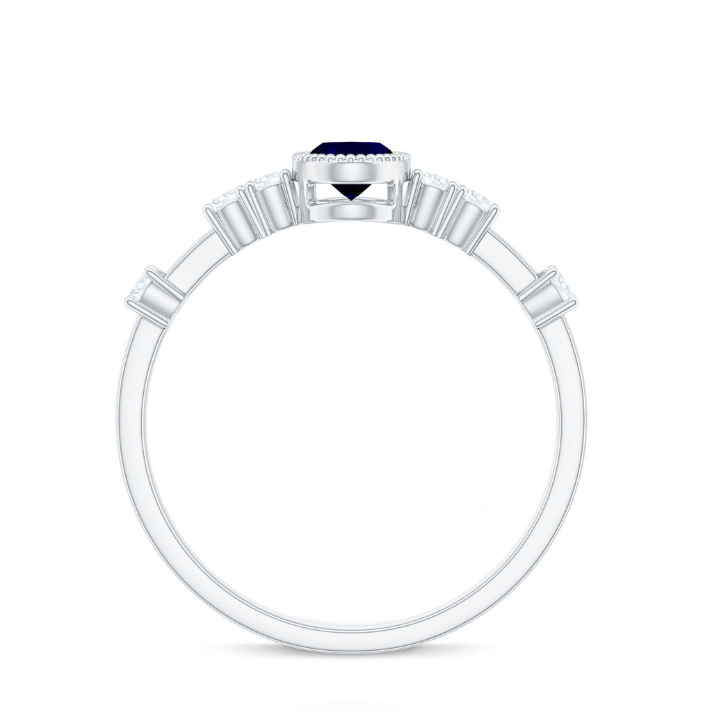 Blue Sapphire Engagement Ring, Vintage Oval Diamond Bezel Set