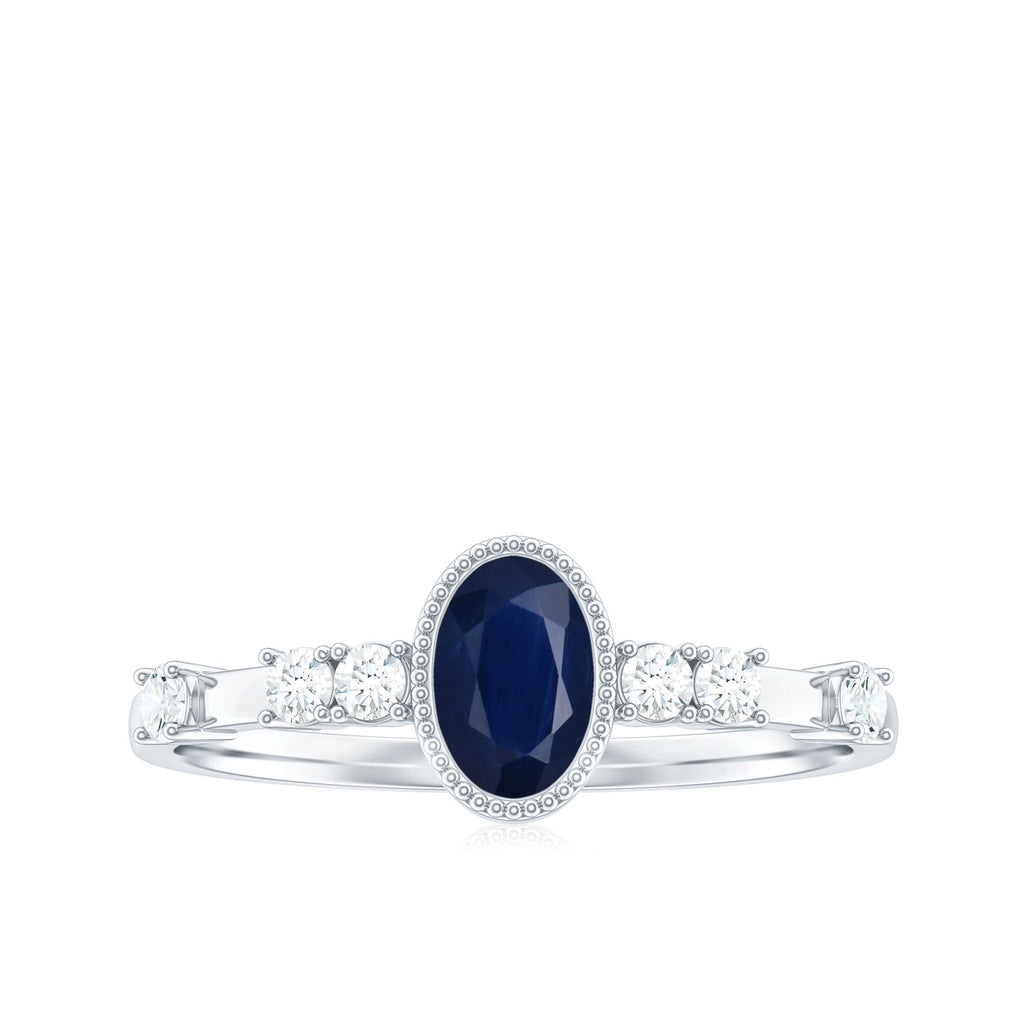 Blue Sapphire Engagement Ring, Vintage Oval Diamond Bezel Set