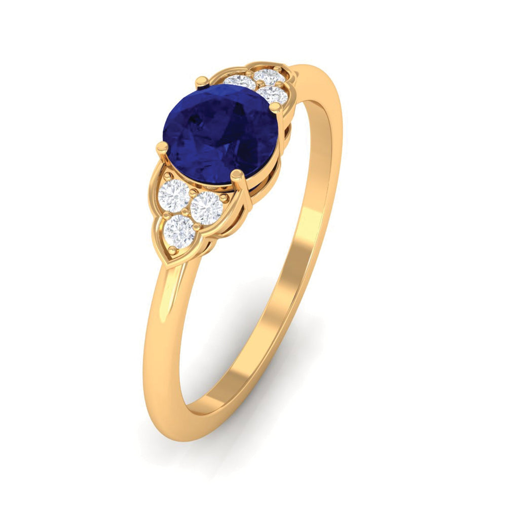 Blue Sapphire Engagement Ring With Diamond Trio, 0.95 Carat Round