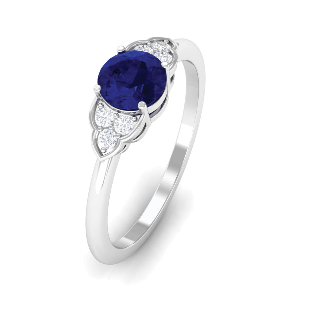 Blue Sapphire Engagement Ring With Diamond Trio, 0.95 Carat Round