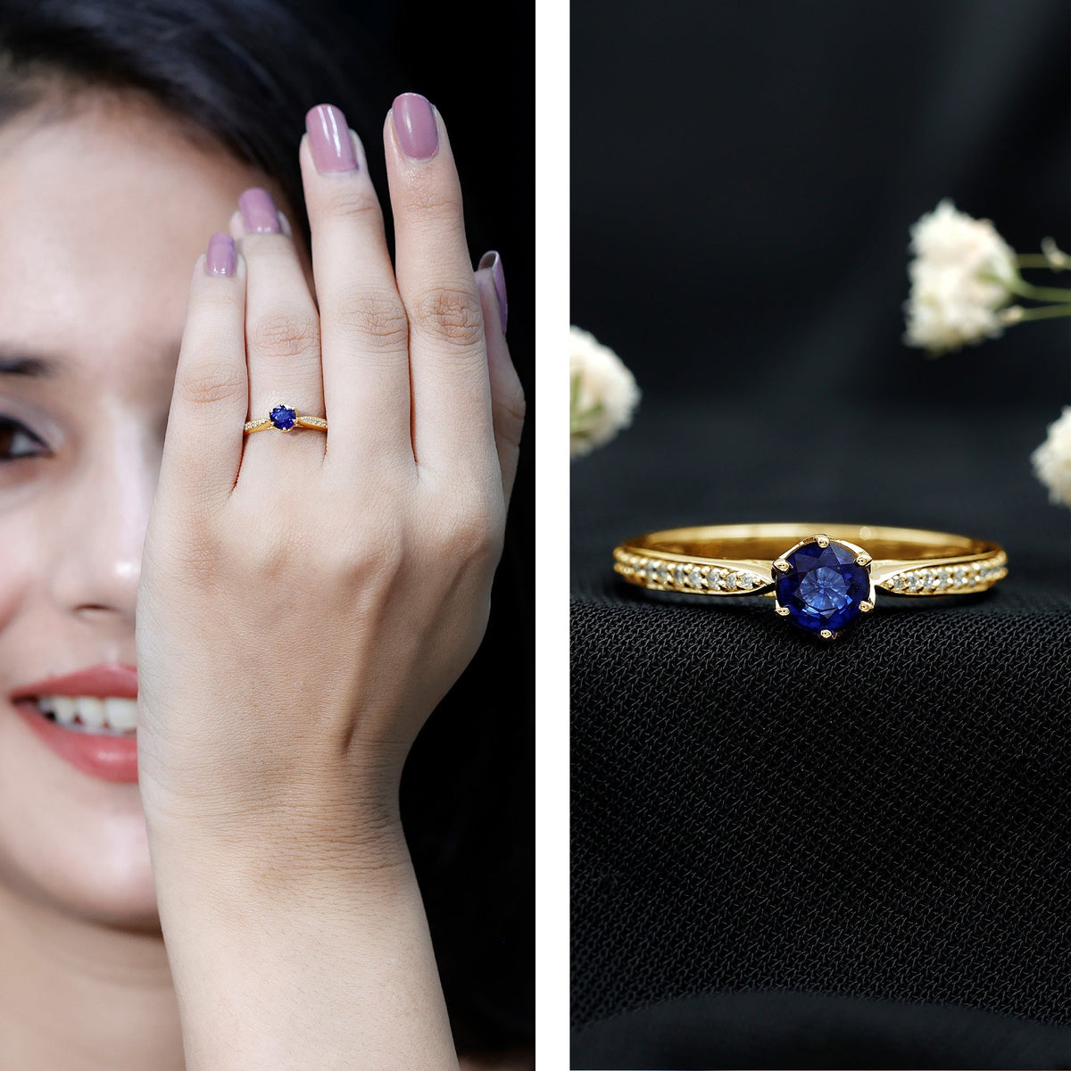 Blue Sapphire Engagement Ring With Natural Diamond, 0.9 Carat