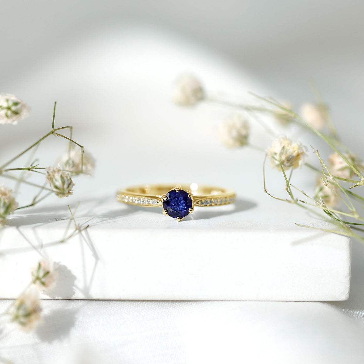 Blue Sapphire Engagement Ring With Natural Diamond, 0.9 Carat