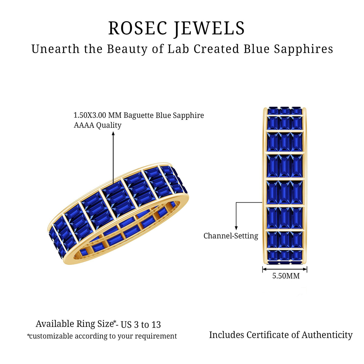 Blue Sapphire Eternity Band, Lab Created Baguette Channel Ring