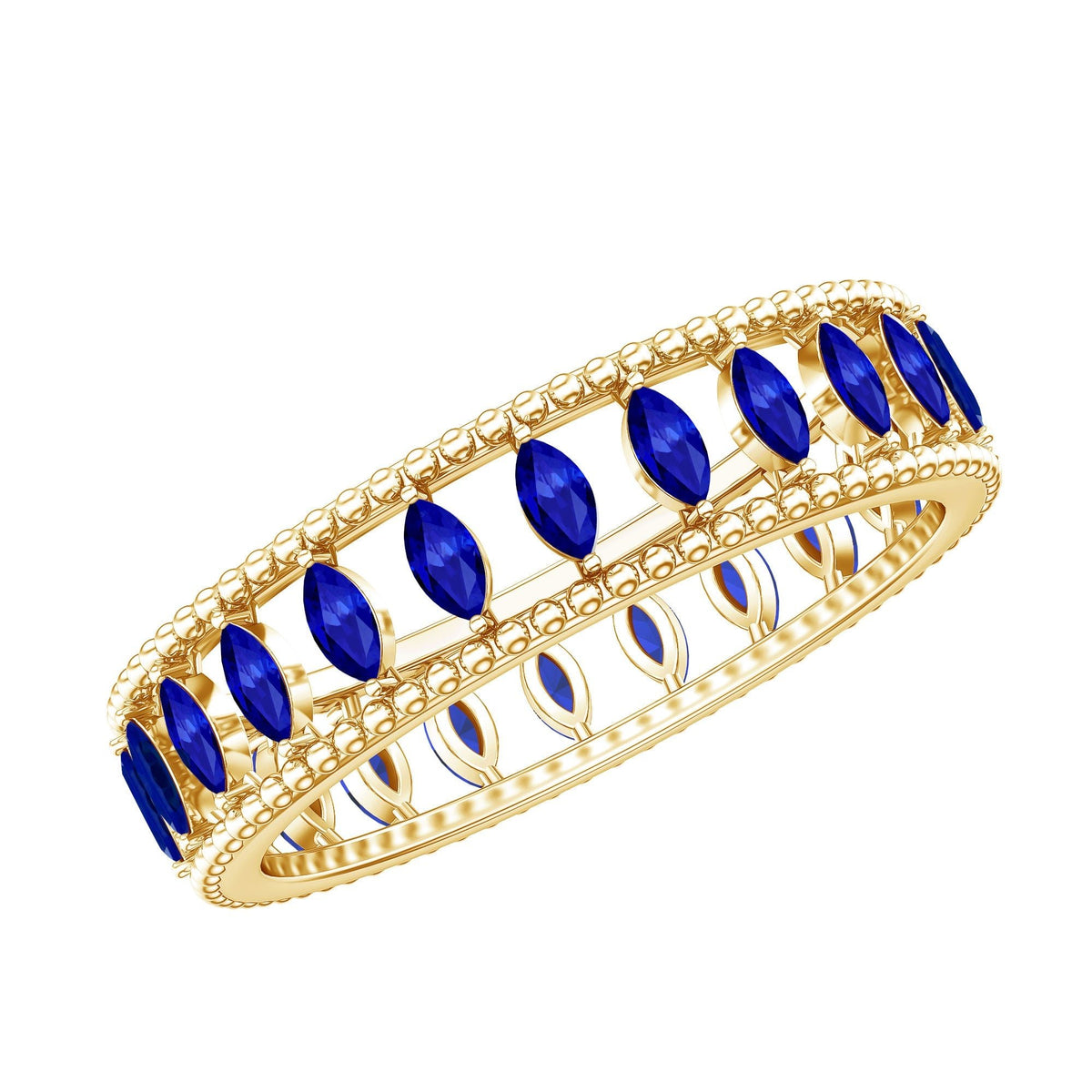 Blue Sapphire Eternity Band, Marquise Cut Beaded Anniversary Ring