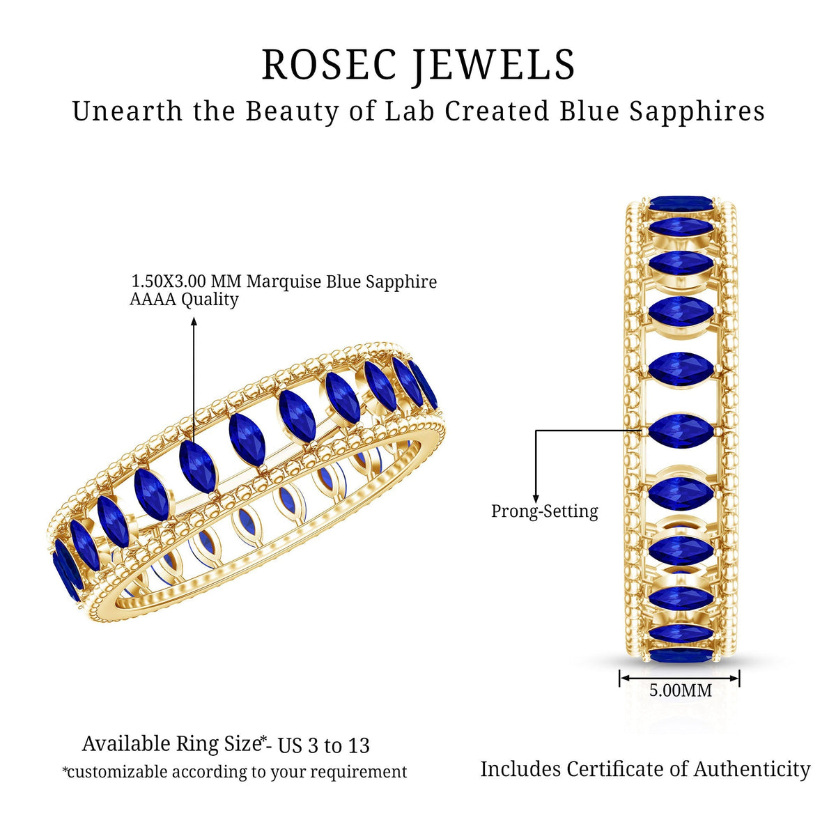 Blue Sapphire Eternity Band, Marquise Cut Beaded Anniversary Ring