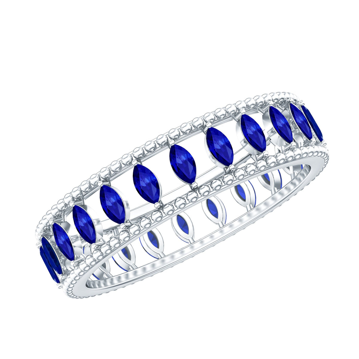 Blue Sapphire Eternity Band, Marquise Cut Beaded Anniversary Ring