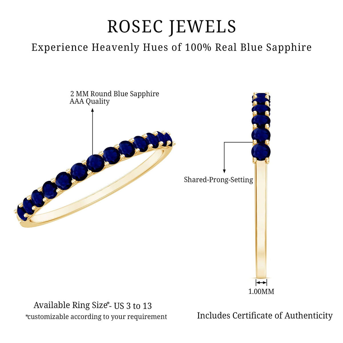 Blue Sapphire Eternity Ring, 2 Mm Shared Prong Band For Women