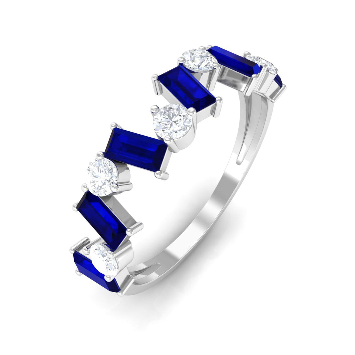Blue Sapphire Eternity Ring, Baguette Eternity Band With Diamond