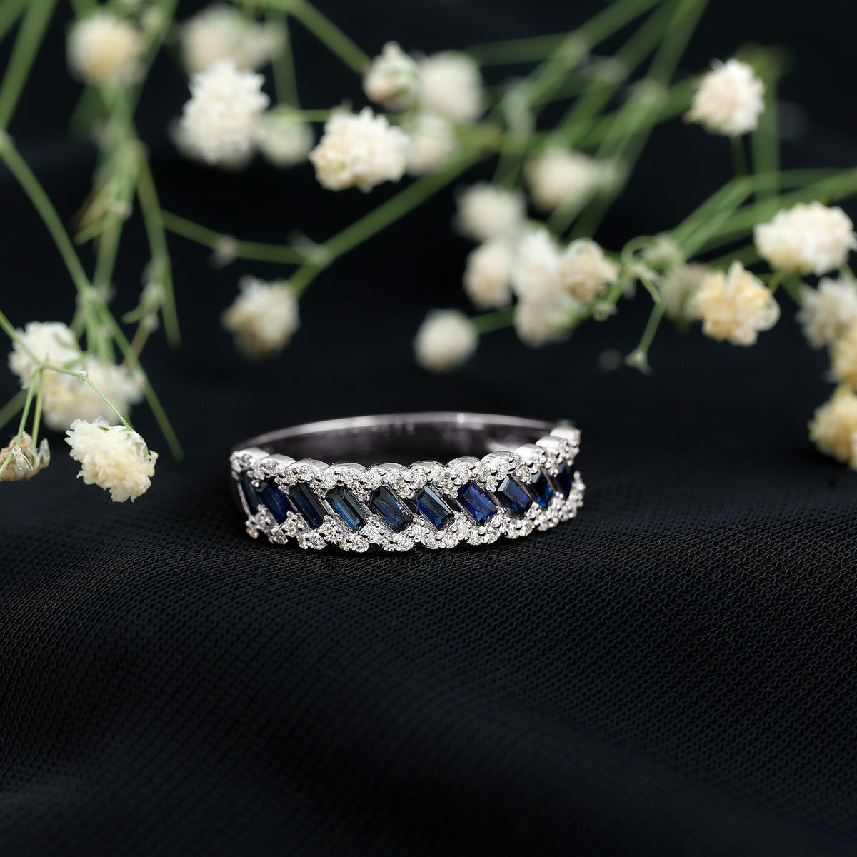 Blue Sapphire Eternity Ring, Baguette Half Eternity Diamond Band