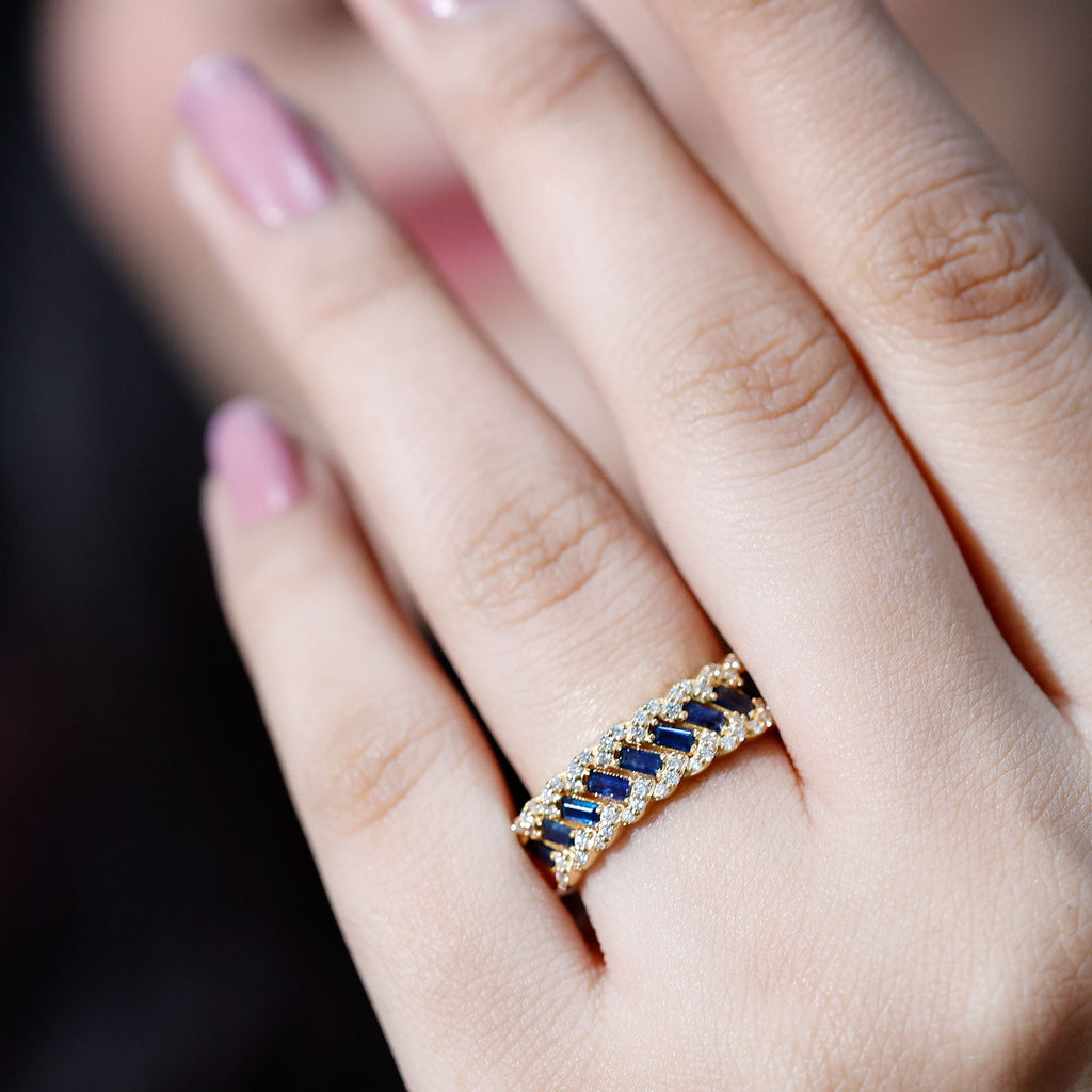 Blue Sapphire Eternity Ring, Baguette Half Eternity Diamond Band