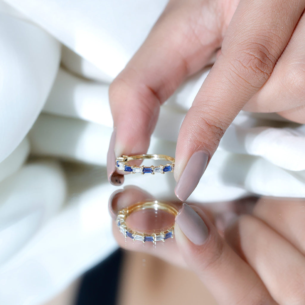 Blue Sapphire Eternity Ring, Baguette Moissanite Stackable Band