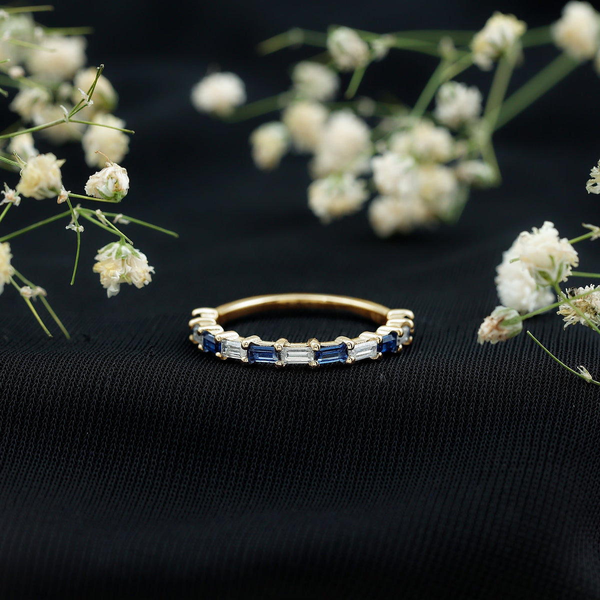 Blue Sapphire Eternity Ring, Baguette Moissanite Stackable Band