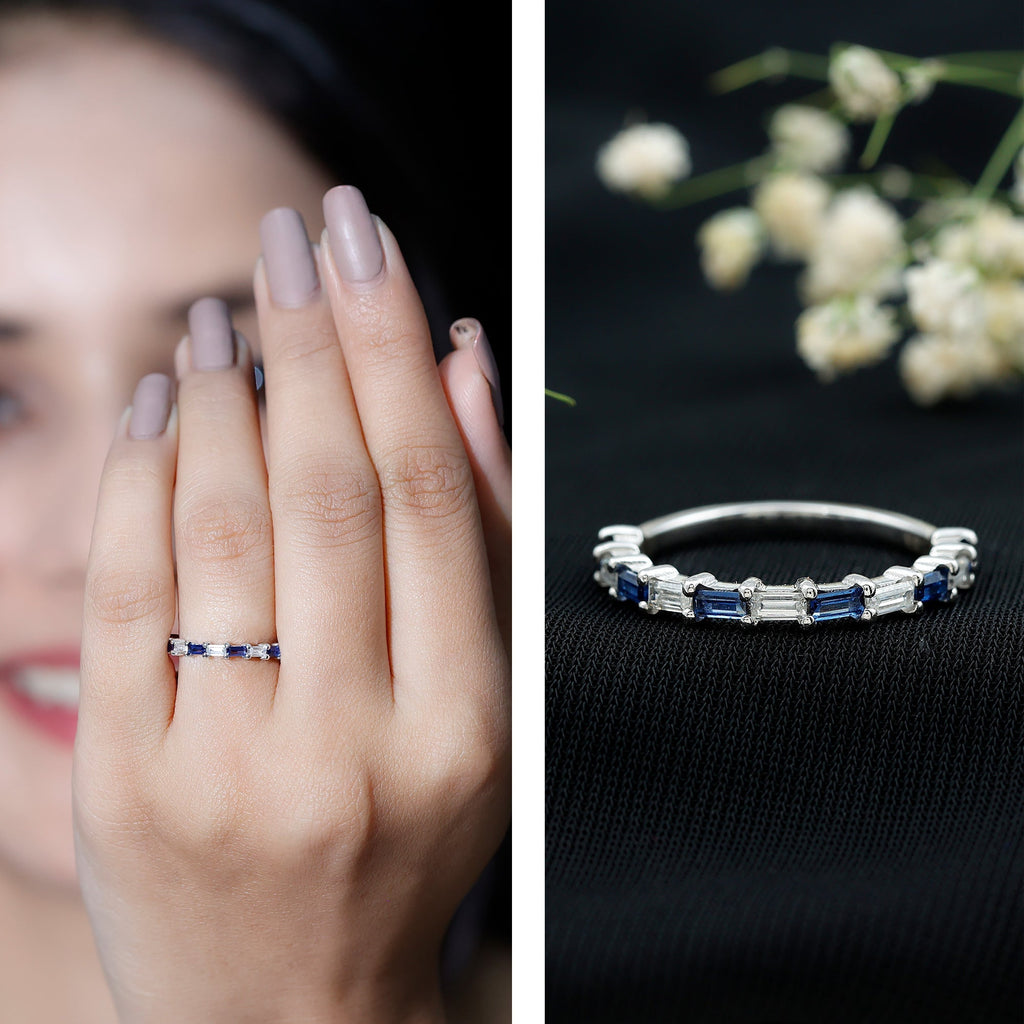 Blue Sapphire Eternity Ring, Baguette Moissanite Stackable Band