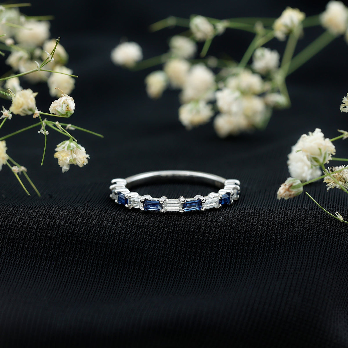 Blue Sapphire Eternity Ring, Baguette Moissanite Stackable Band