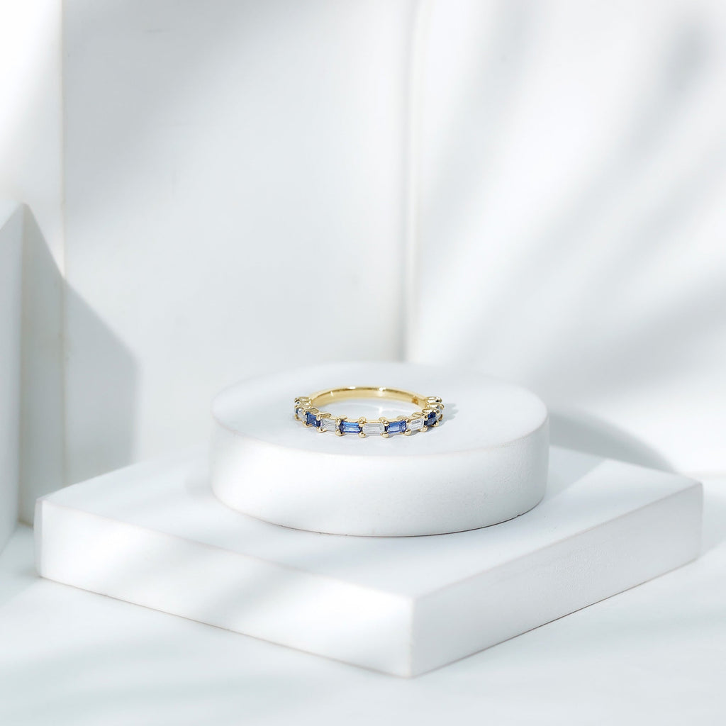 Blue Sapphire Eternity Ring, Baguette Moissanite Stackable Band