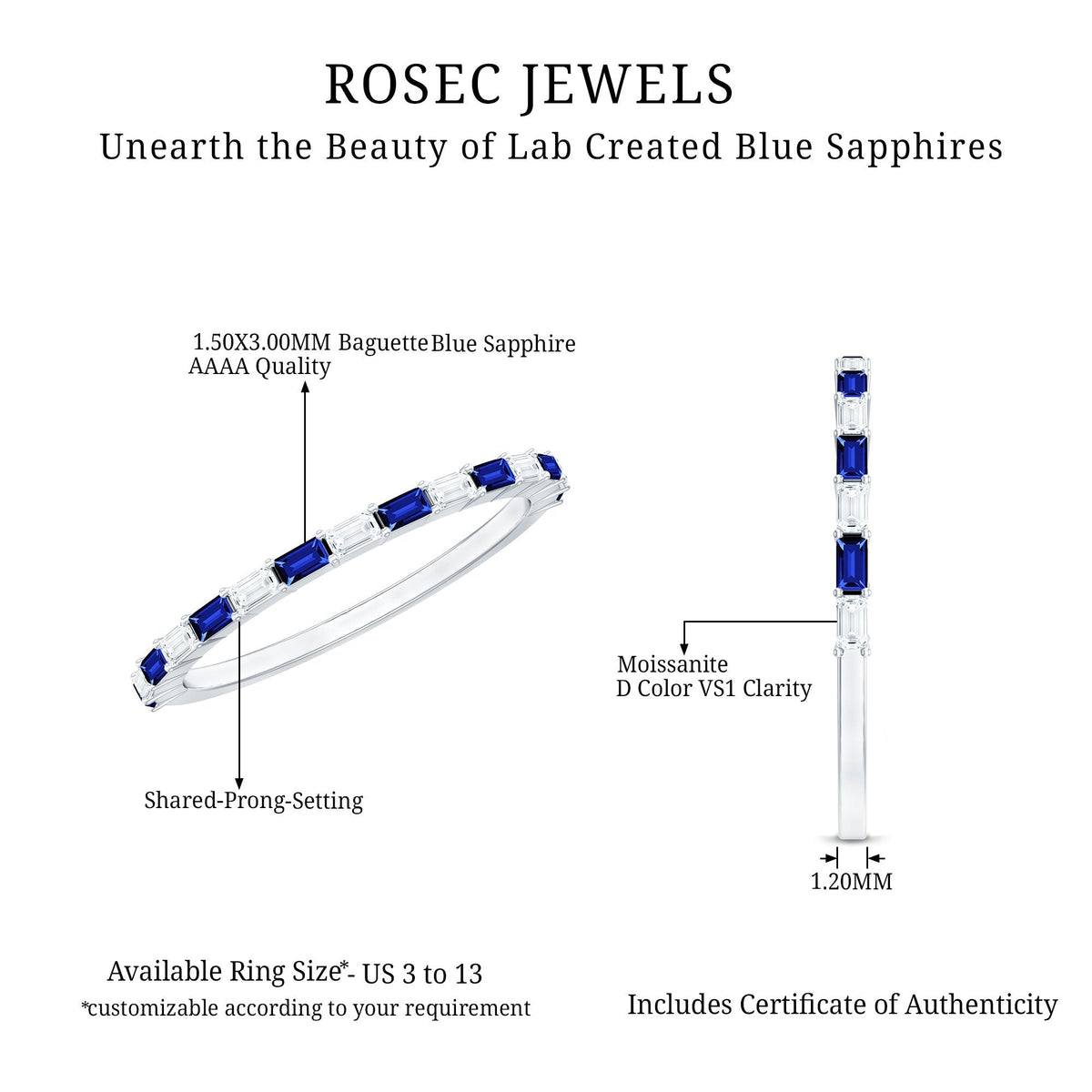 Blue Sapphire Eternity Ring, Baguette Moissanite Stackable Band
