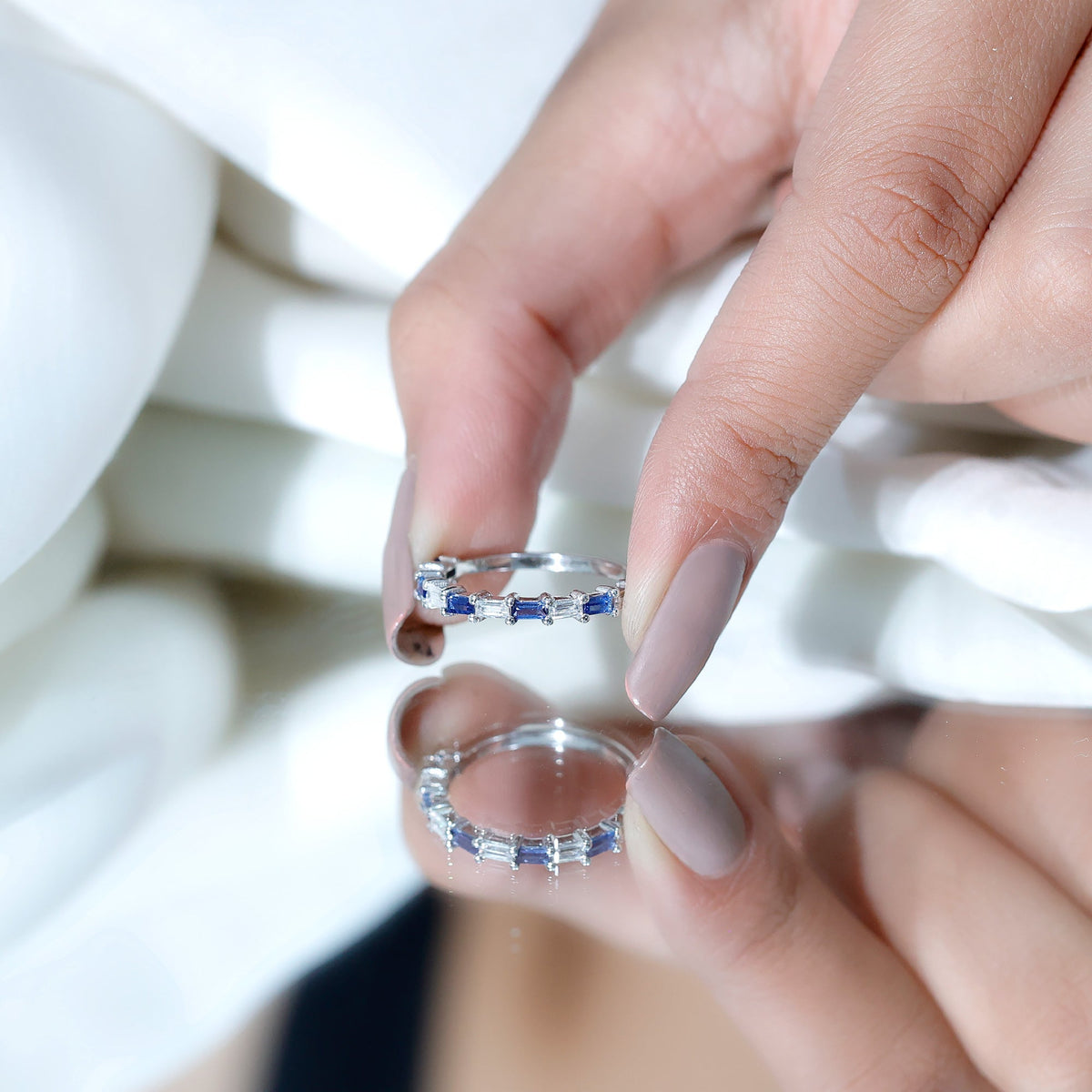 Blue Sapphire Eternity Ring, Baguette Moissanite Stackable Band