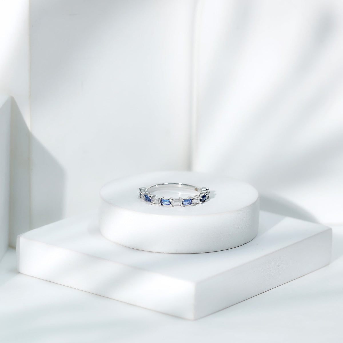 Blue Sapphire Eternity Ring, Baguette Moissanite Stackable Band