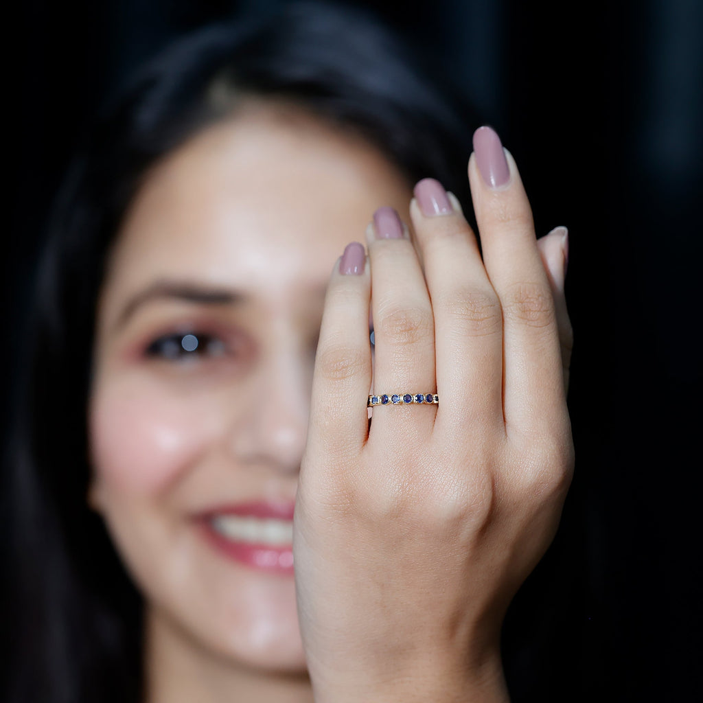 Blue Sapphire Eternity Ring Certified Round Cut Stackable Band
