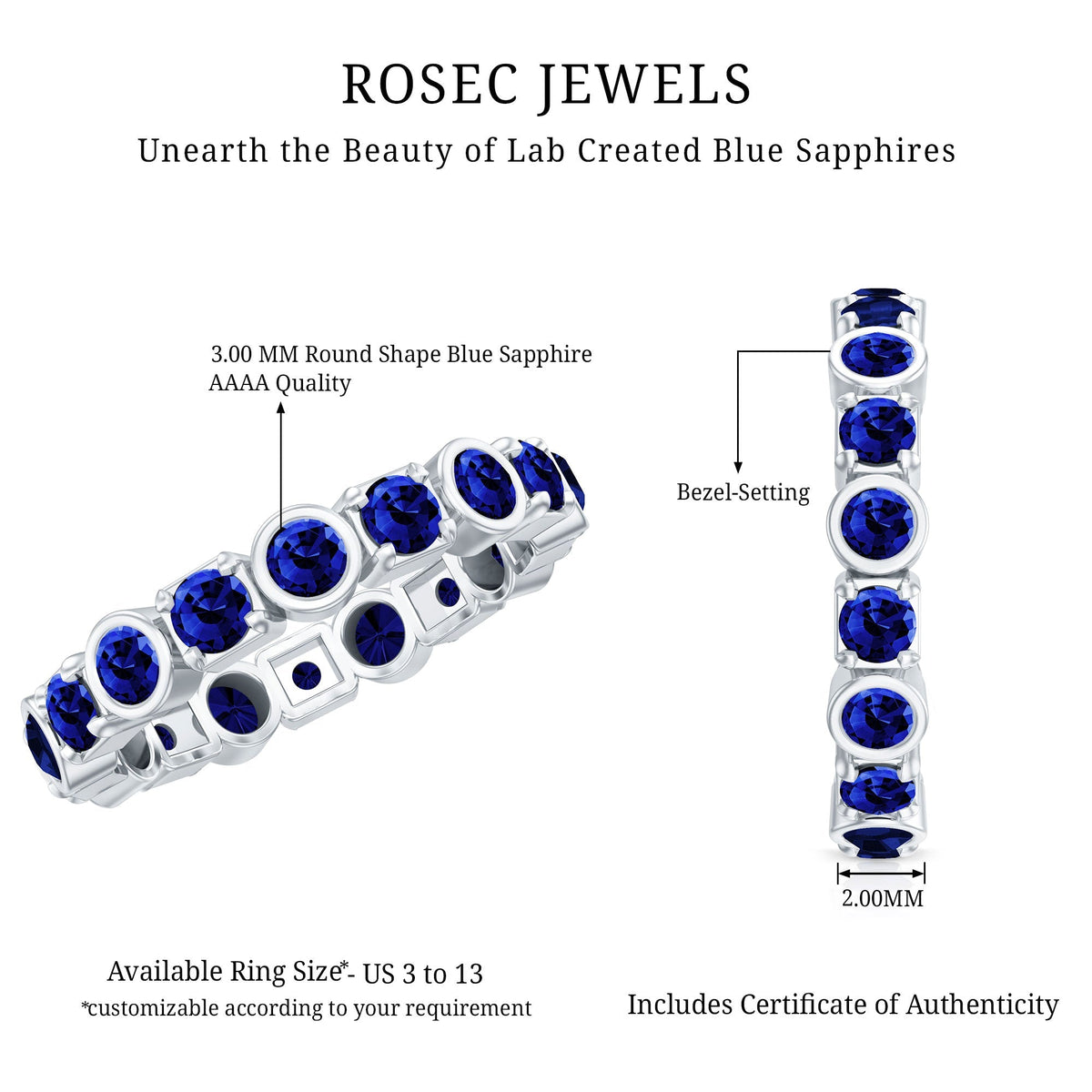 Blue Sapphire Eternity Ring Certified Round Cut Stackable Band