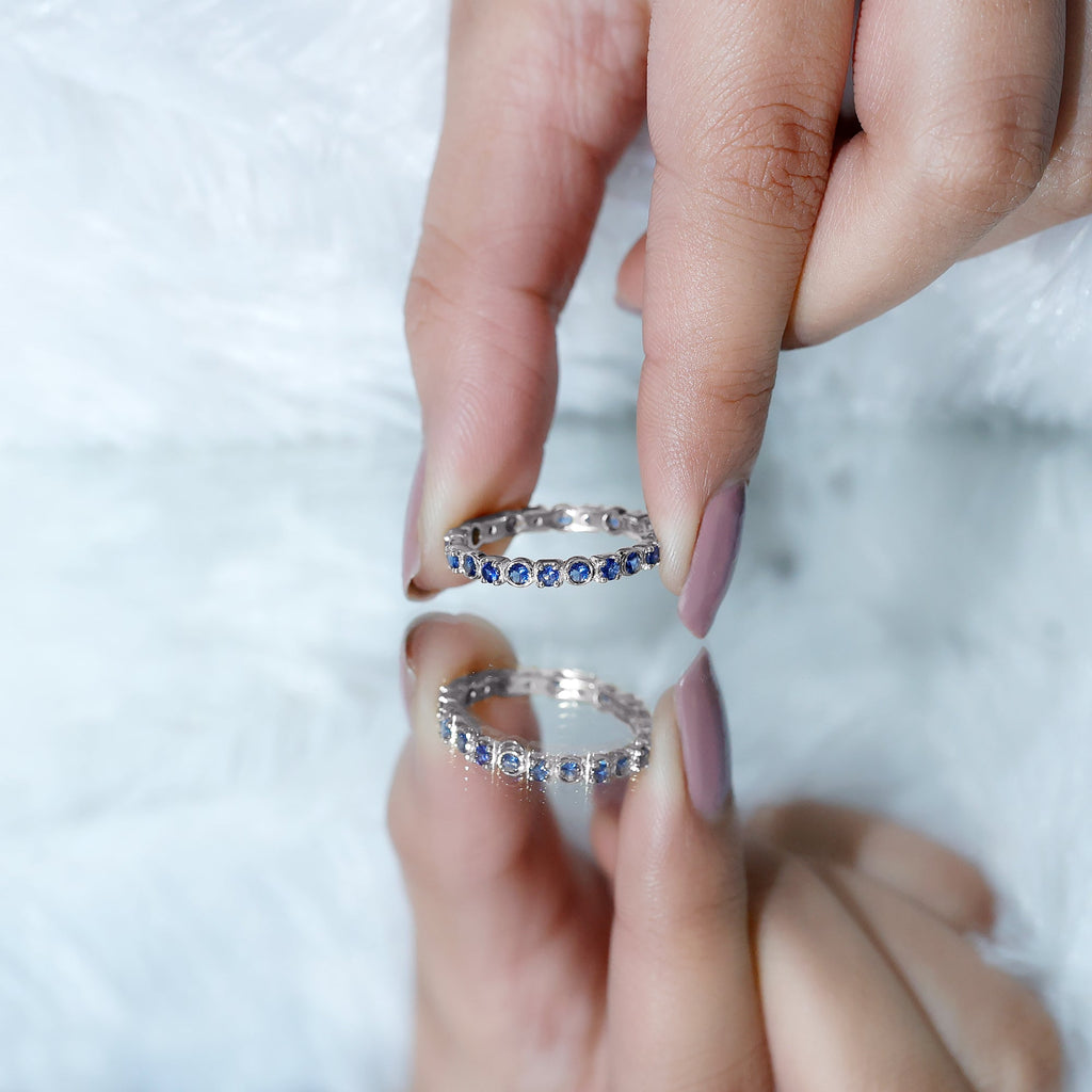 Blue Sapphire Eternity Ring Certified Round Cut Stackable Band