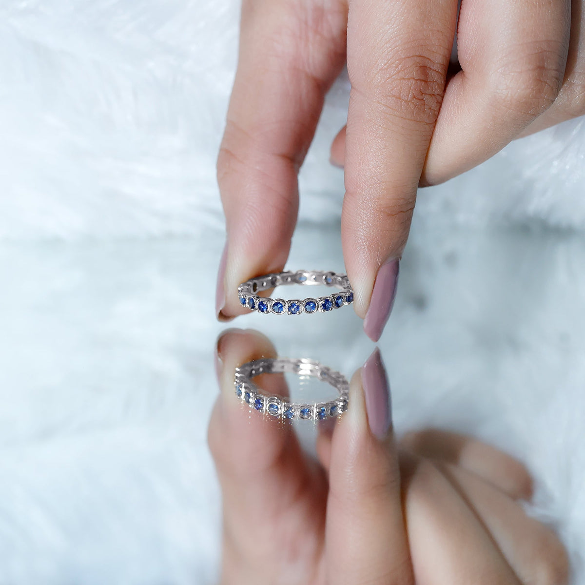 Blue Sapphire Eternity Ring Certified Round Cut Stackable Band