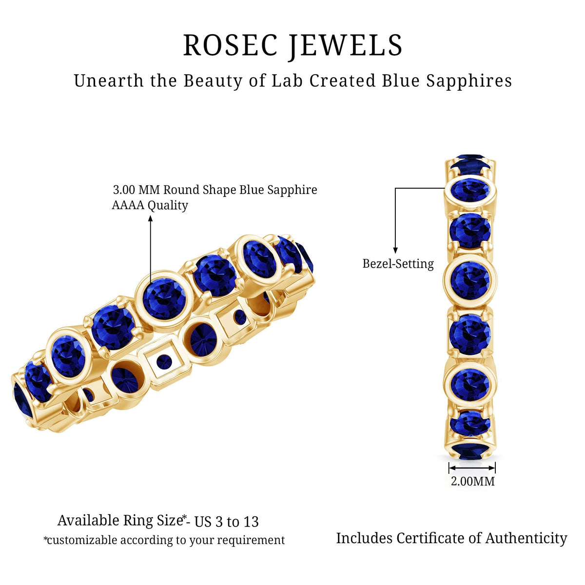 Blue Sapphire Eternity Ring Certified Round Cut Stackable Band