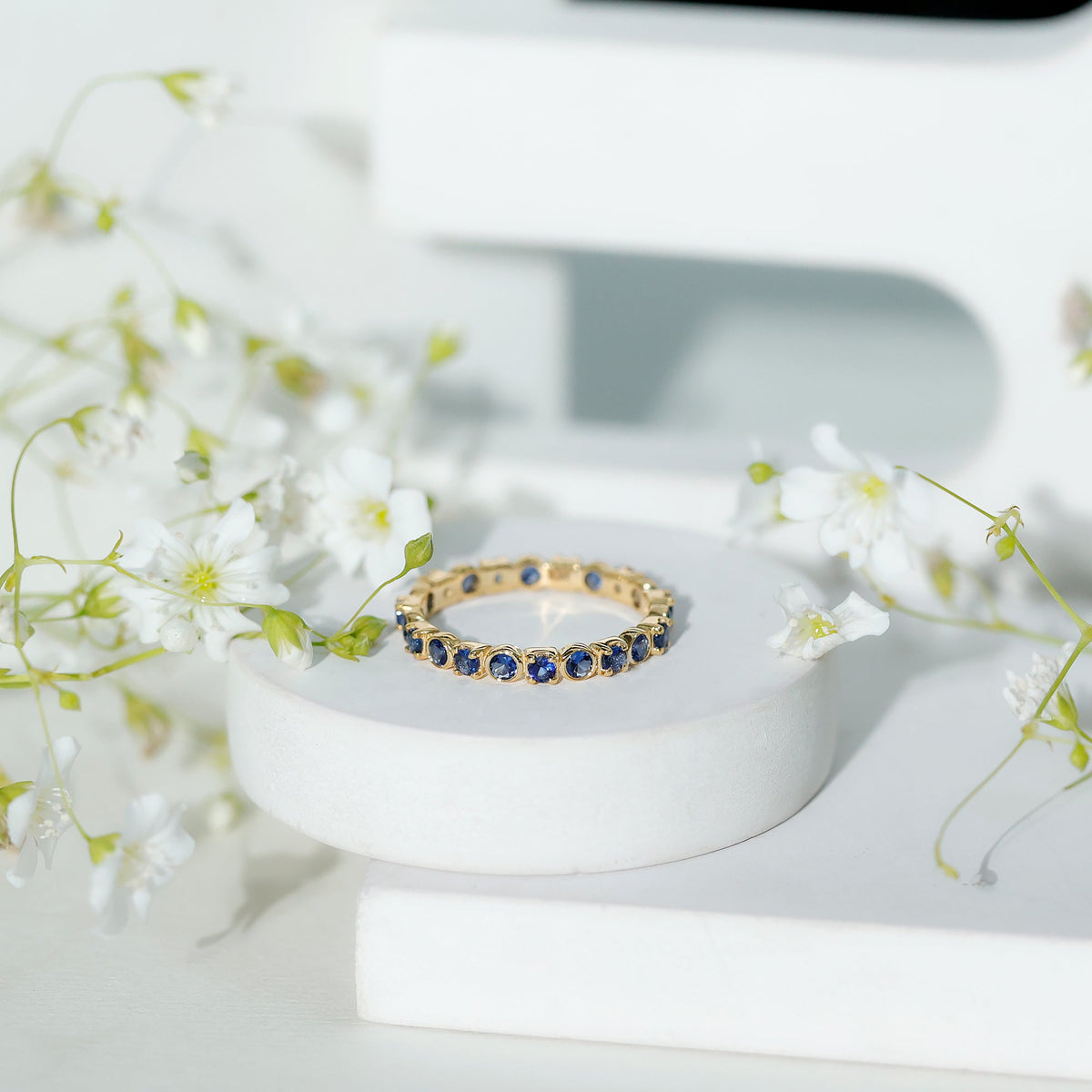 Blue Sapphire Eternity Ring Certified Round Cut Stackable Band