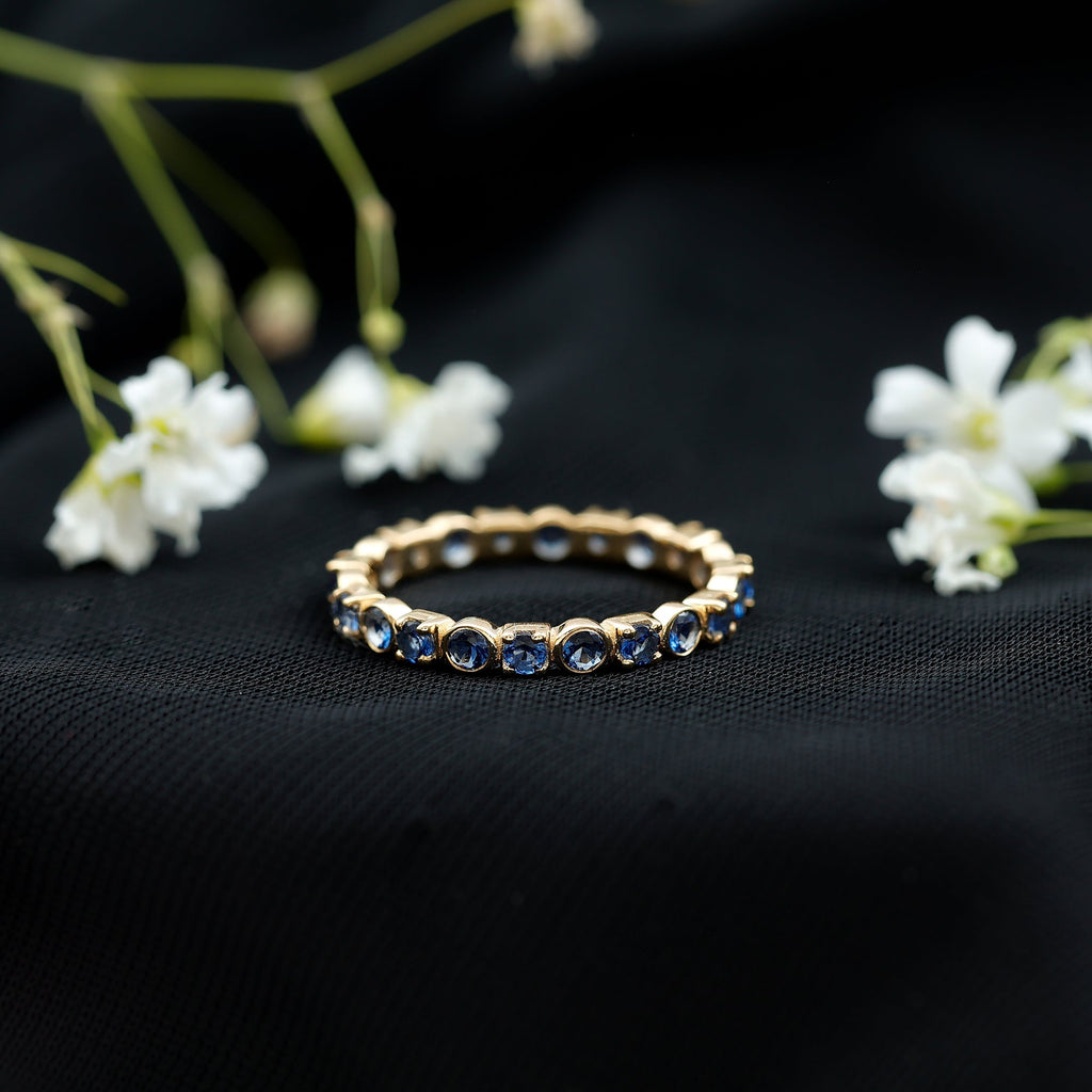 Blue Sapphire Eternity Ring Certified Round Cut Stackable Band