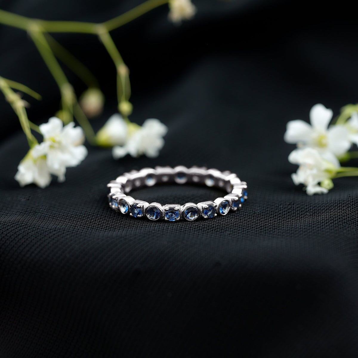 Blue Sapphire Eternity Ring Certified Round Cut Stackable Band